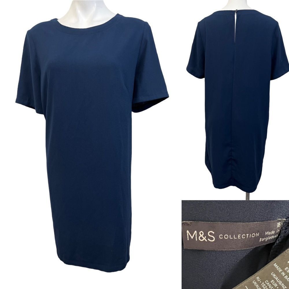 M&S Collection dress US‎ sz 12 navy blue short sleeve knee length shift -11